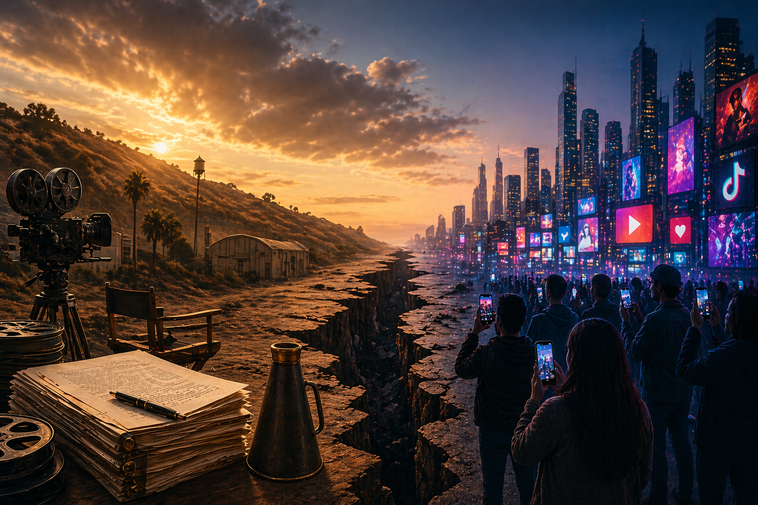 Split-scene film set: on the left, a desert hillside sunset with a vintage camera, reels, stacks of scripts, and a metal pitcher; on the right, a futuristic city of tall neon skyscrapers and crowded people filming with smartphones.
