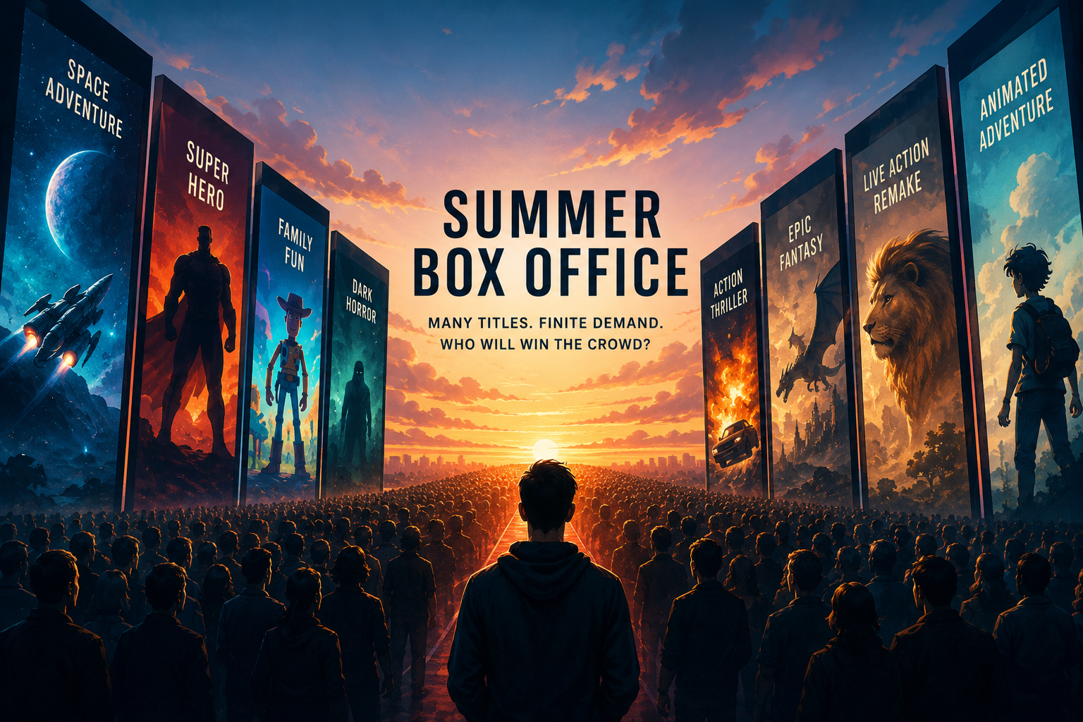 Crowd of moviegoers facing giant vertical film posters at sunset, with the headline 'SUMMER BOX OFFICE' in the center.