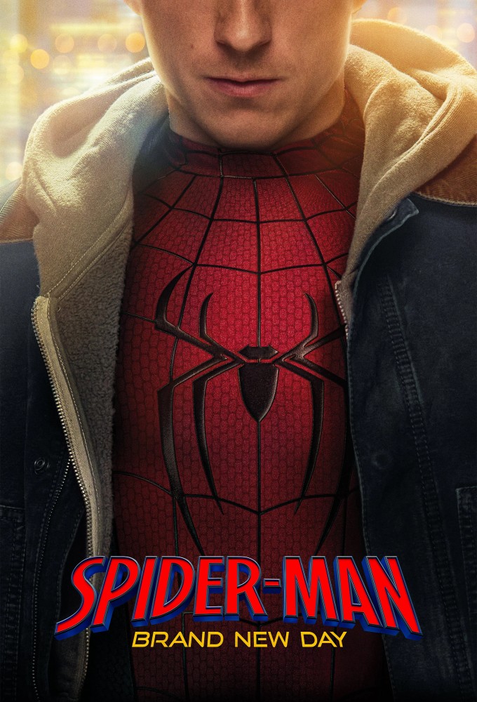 Close-up of a man wearing a red Spider-Man suit under a denim jacket, with the movie title 'SPIDER-MAN BRAND NEW DAY' at the bottom.