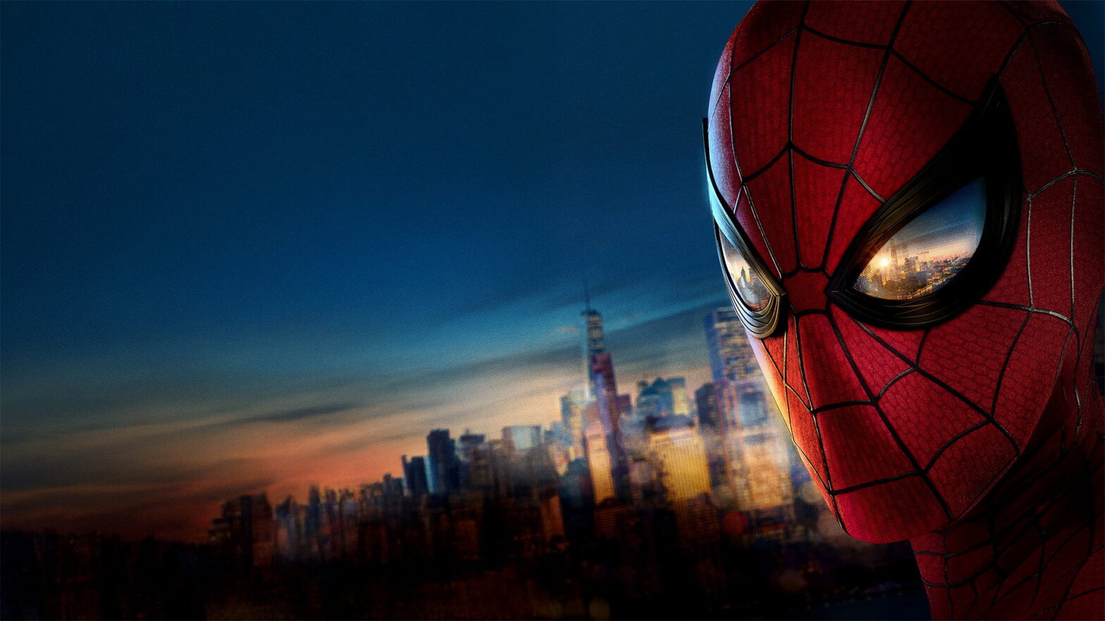 Spider-Man close-up in red suit with city skyline reflected in his mask at sunset, conveying a superhero ready to protect the city